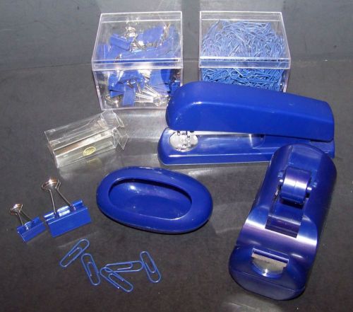 5 piece set navy blue desk accessories tape dispenser stapler paperclips holder for sale