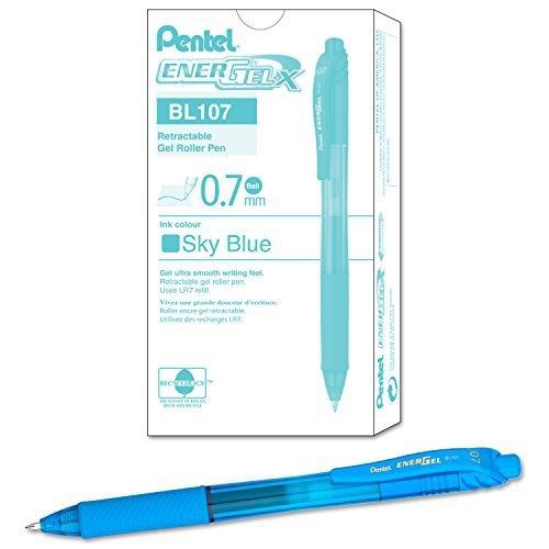 Pentel EnerGel-X Retractable Liquid Gel Pen (0.7mm) Metal Tip, Sky Blue Ink, Box