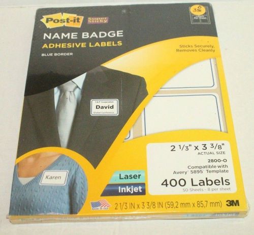 3M Post-it Super Sticky Name Badge Adhesive 2 1/3 X 3 3/8- 400 White Labels NEW