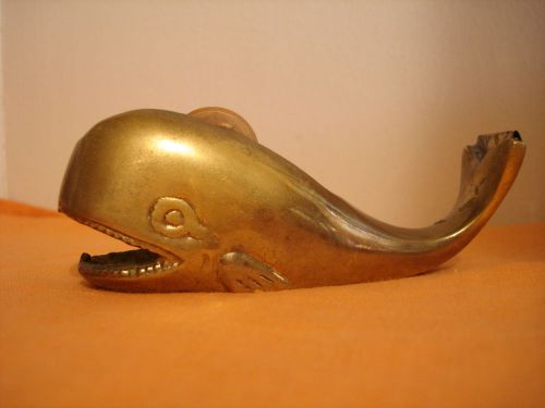 5&#034; Vintage Brass Whale Tape Dispenser Wood Dowel Metal