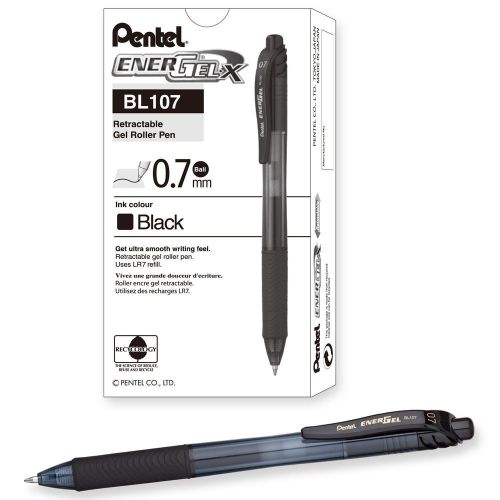 Pentel EnerGel-X Retractable Liquid Gel Pen (0.7mm) Metal Tip Black Ink Box o...