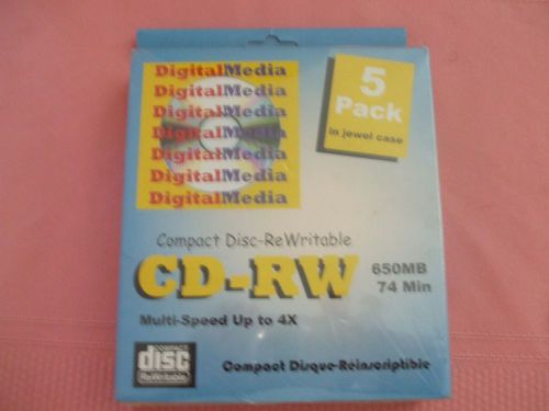 DIGITAL MEDIA CD-RW 650MB/74 MIN-MULTI-SPEED UP TO 4X-5 PACK W/CASE-L@@K