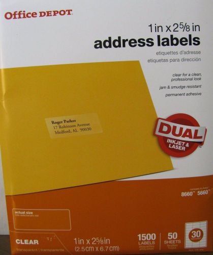 Office Depot (319-472) CLEAR Address Labels 1&#034; x 2 5/8&#034; Laser Inkjet 1,500 count