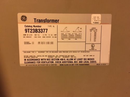General Electric 9T23b3377 400 KVA 3Ph  Transformer
