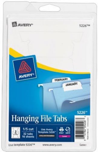 Avery print or write hanging file tabs for laser printers, 1/5 cut, white, pack for sale