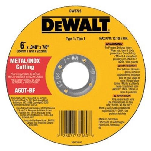 Dewalt Tools 6&#034; x .040&#034; x 7/8&#034; A60t Metalthin Cutoff Wheel Type1