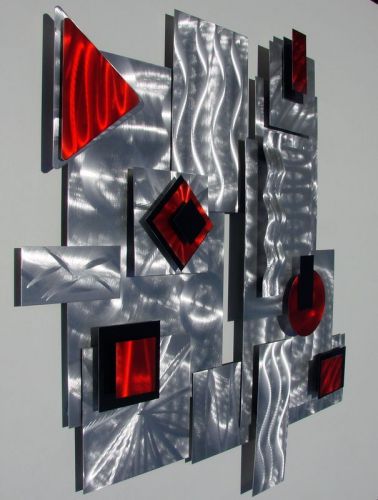 Medium Modern Hand Crafted Abstract Silver Red Black Metal Wall Art Sculpture