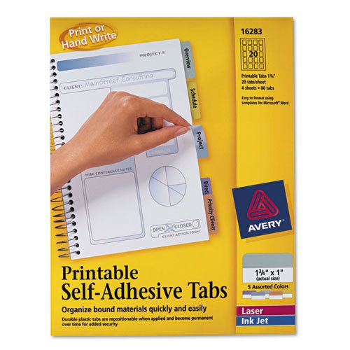 Printable repositionable plastic tabs, 1 3/4 inch, assorted, 80/pack for sale