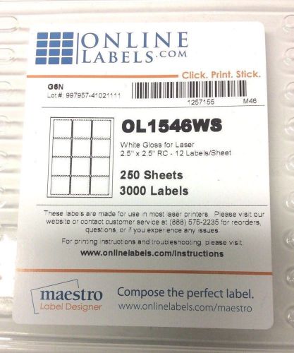 Online Labels 250 Sheets (3000 labels) White Gloss-Laser-2.5&#034; X 2.5&#034;#OL1546WS