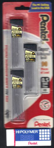 Pentel Super Hi-Polymer 0.5mm HB Refill Lead 90 Pieces &amp; Pentel Eraser New!