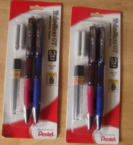 4 PENTEL 0.5mm Twist-Erase GT Mechanical Pencils Red &amp; Blue Barrel * STARTER KIT
