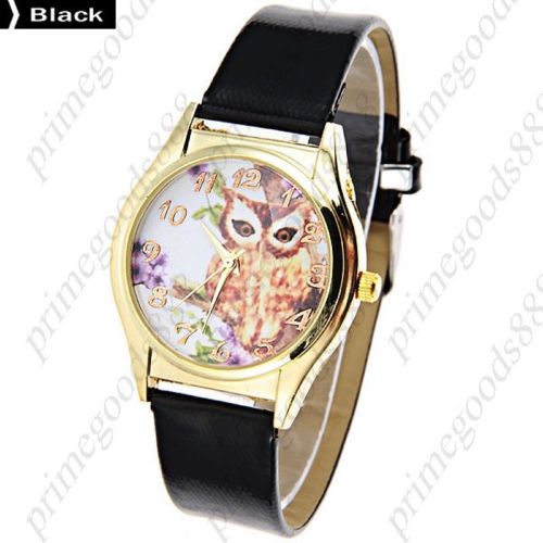 Owl Bird Round PU Leather Lady Ladies Wrist Quartz Wristwatch Women&#039;s Black