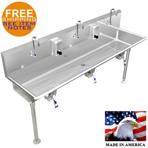 Multi station 3 users hand sink wash up 72&#034; knee valve stainless stl made in usa for sale