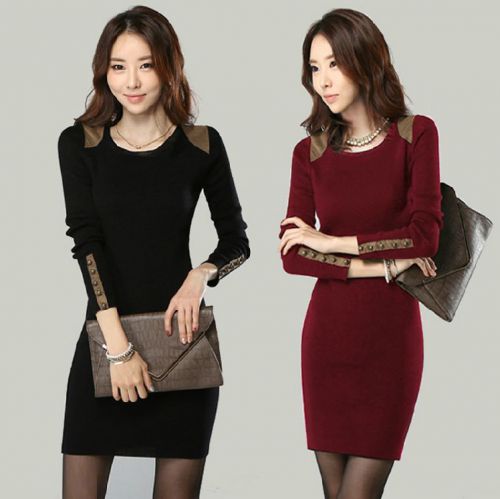 Women&#039;s cotton base skirt package hip temperament plus velvet long-sleeved dress
