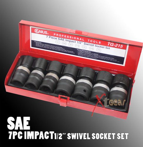 7PC 1/2&#034; Dr SAE Swivel Shallow Air Impact Socket Univ-Joint Set Genius Tools