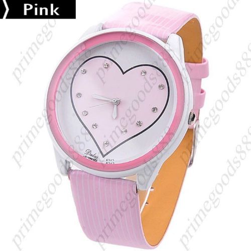 Heart Face Pinstripes Rhinestones Quartz Wrist Wristwatch Women&#039;s Pink