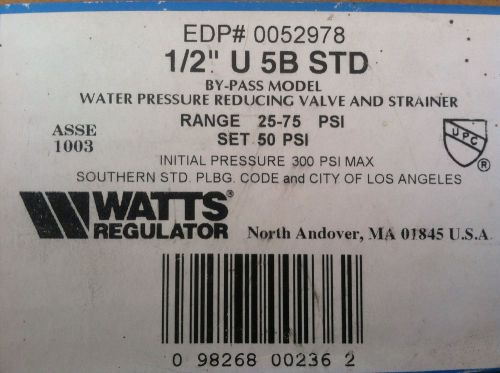 WATTS U5BSTD 1/2&#034; 25-75 PSI WATER PRESSURE REDUCING VALVE AND STRAINER - NOS