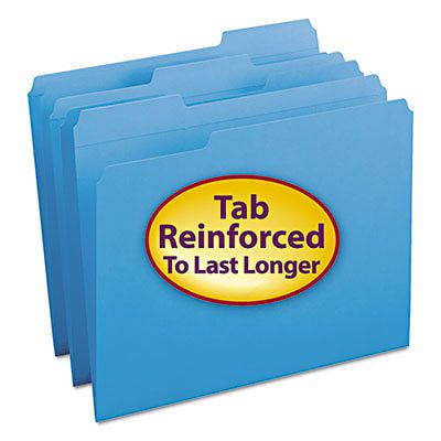 File Folders, 1/3 Cut, Reinforced Top Tab, Letter, Blue, 100/Box