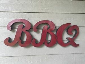 Large Retro Recycled Metal Sign - BBQ- Smokey Red/ black Outline - Distressed
