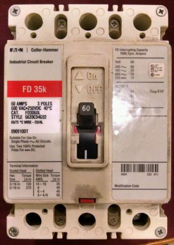 Cutler Hammer FD3060L Circuit Breaker. 60 Amp  3 Pole 600 Volt. New out of box