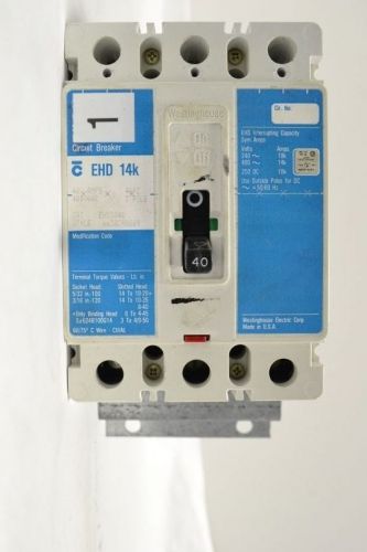 WESTINGHOUSE EHD3040 MOLDED CASE 3P 40A AMP 480V-AC CIRCUIT BREAKER B256911