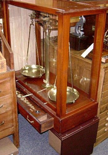 Antique daube &amp; hopken balance beam scale - full glass enclosure - circa 1920 for sale
