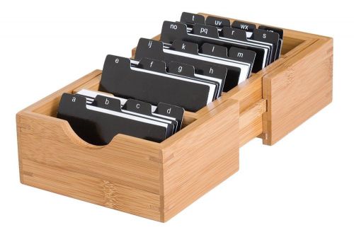 Bamboo Expandable Business Card Holder W/ Dividers &amp; Index Tabs Office New
