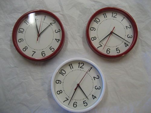 Three Round Wall Clocks 8-3/4&#034;, Two Red One White