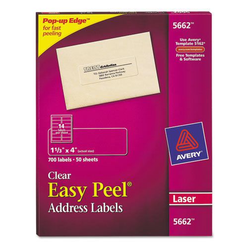 Easy Peel Laser Mailing Labels, 1-1/3 x 4, Clear, 700/Box