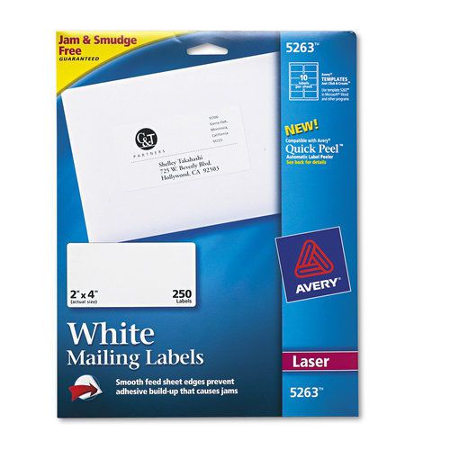 Avery AVE5263 Shipping Labels With Trueblock Technology, 2 X 4, White, 250/Pack