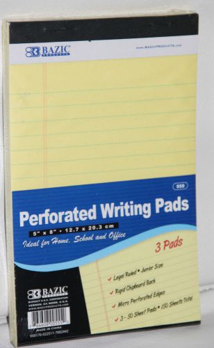 NEW BAZIC Perforated Writing Pads 5&#034;x8&#034; Pack of 3 Pads Yellow Ruled 150 Sheets