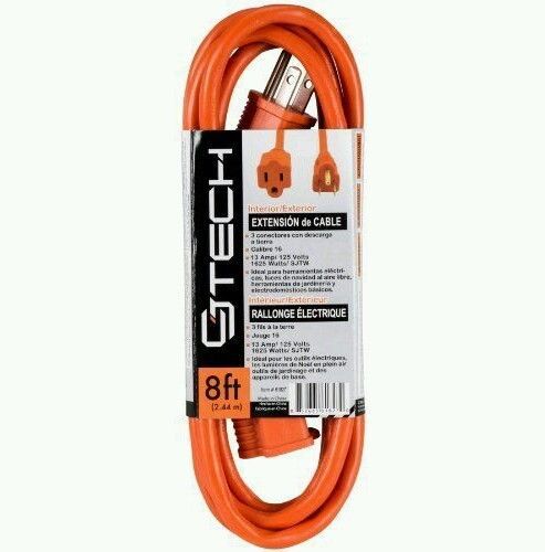 CJ Tech 8 ft. Indoor/Outdoor Orange Extension Cord 3-prong 16/3 AWG SJTW 13 Amp.