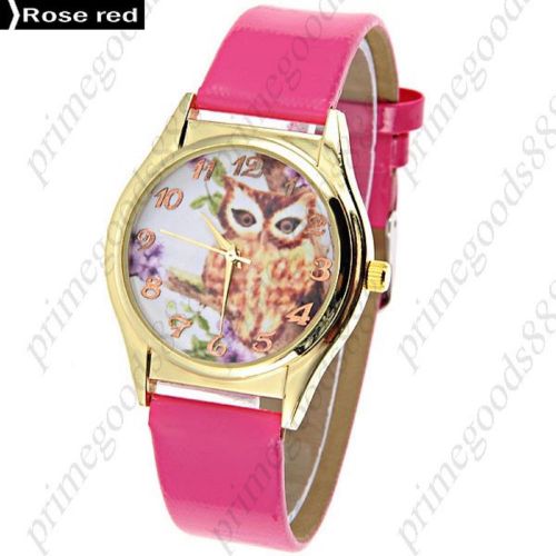 Owl Bird Round PU Leather Lady Ladies Wrist Quartz Wristwatch Women&#039;s Rose Red