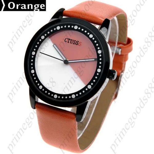 Unisex pu leather round quartz analog wrist watch in orange free shipping for sale