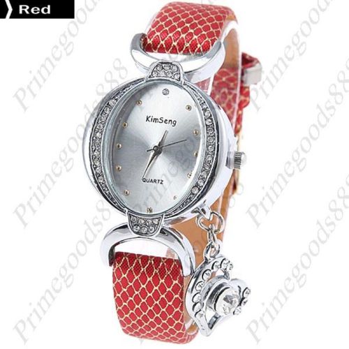 Round rhinestones charm pu leather lady ladies quartz wristwatch women&#039;s red for sale