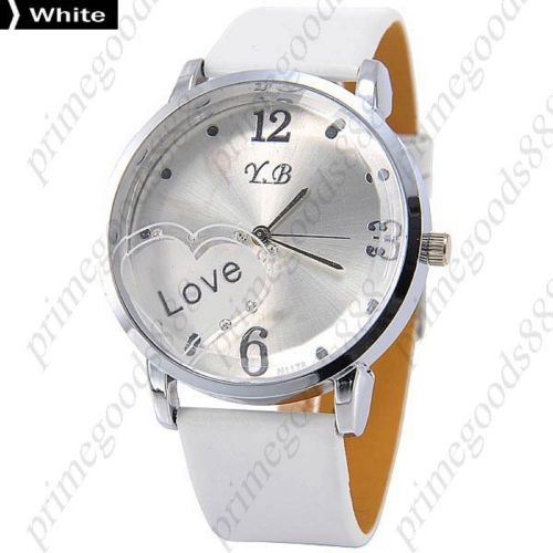 Love Silver Face PU Leather Lady Ladies Analog Quartz Wristwatch Women&#039;s White