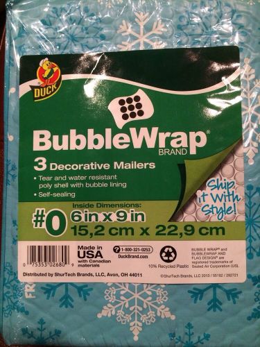 3 Bubble Envelopes Mailers - Snowflakes -  BubbleWrap by Duck 6&#034; x 9&#034;, #0