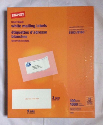 Staples White Mailing Labels Compatible With AVERY 5163/8163  QTY = 1,000 Labels