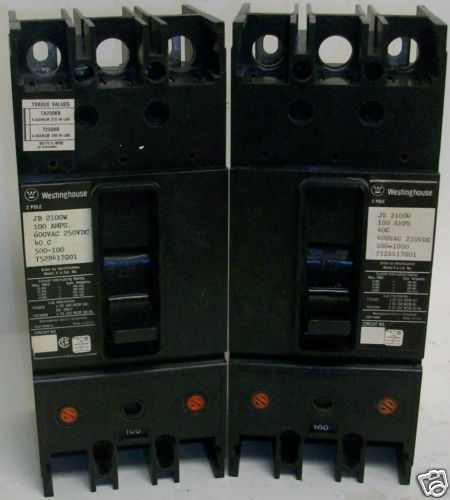 Westinghouse Type JB 2 Pole 600VAC Molded Case Circuit Breaker JB2100W 100A