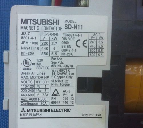 Mitsubishi SD-N11 Magnetic Contactor (Quantity Available) BH712Y913H01