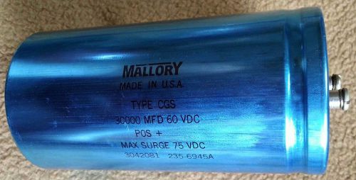 2 Mallory 30,000 uF at 60 VDC Type CGS Electrolytic Capacitors, Low Loss &amp; ESR