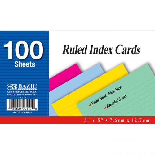 BAZIC 100 Ct. 3&#034; X 5&#034; Ruled Colored Index Card  of-36