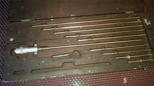 Starrett No. 124 Inside Micrometer 2&#034;-12&#034; Set Solid Rod in Wood Case Antique