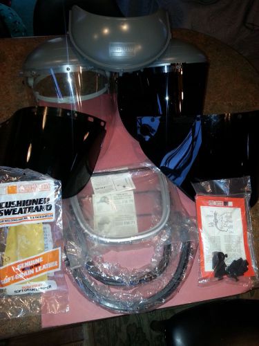 Welding/grinding fibre-metal face shields and cap mounts all for one price for sale
