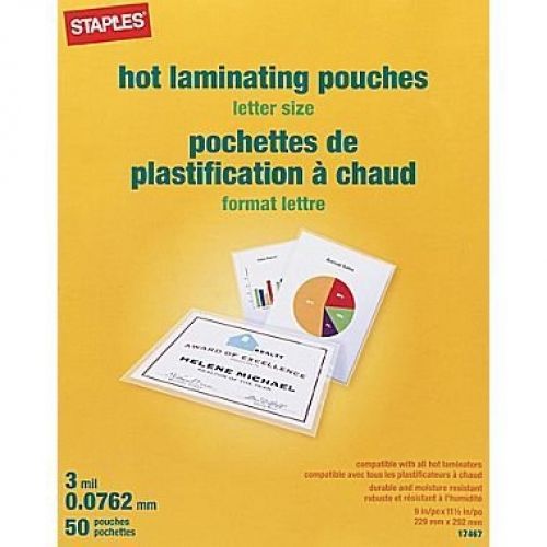 Staples Letter Size Thermal Laminating Pouches, 3 mil, 50 pack