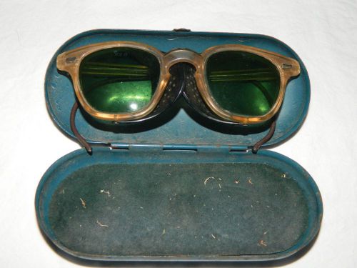 Vintage welsh welding green lenses goggles sides with metal case steampunk 60s for sale