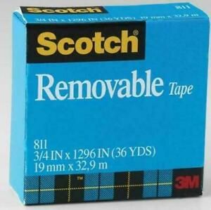 Scotch Removable Tape  3/4 In  x1296 Inch 36 Yards  New In Box 12 Boxes = Rolls
