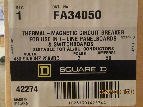 NEW Square D FA34050 50A 3-Pole 480V Circuit