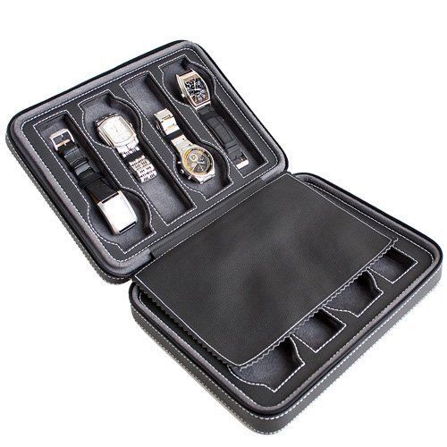 Black soft touch high quality leatherette compact travel watch case with suede i for sale