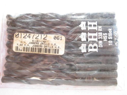 1 LOT TEN BHH 7.6mm JOBBER LENGHT DRILL BITS 7.6 MM